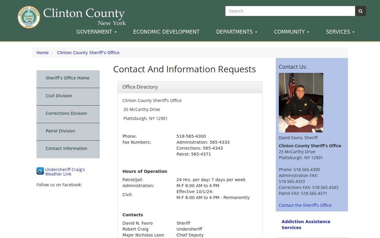 Clinton County arrest record FOIL contacts and hours