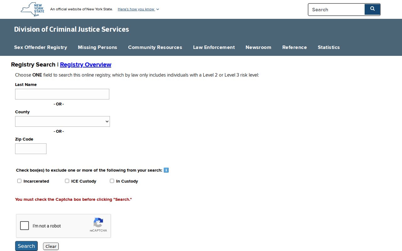 Clinton County sex offender search on the official DCJS interface